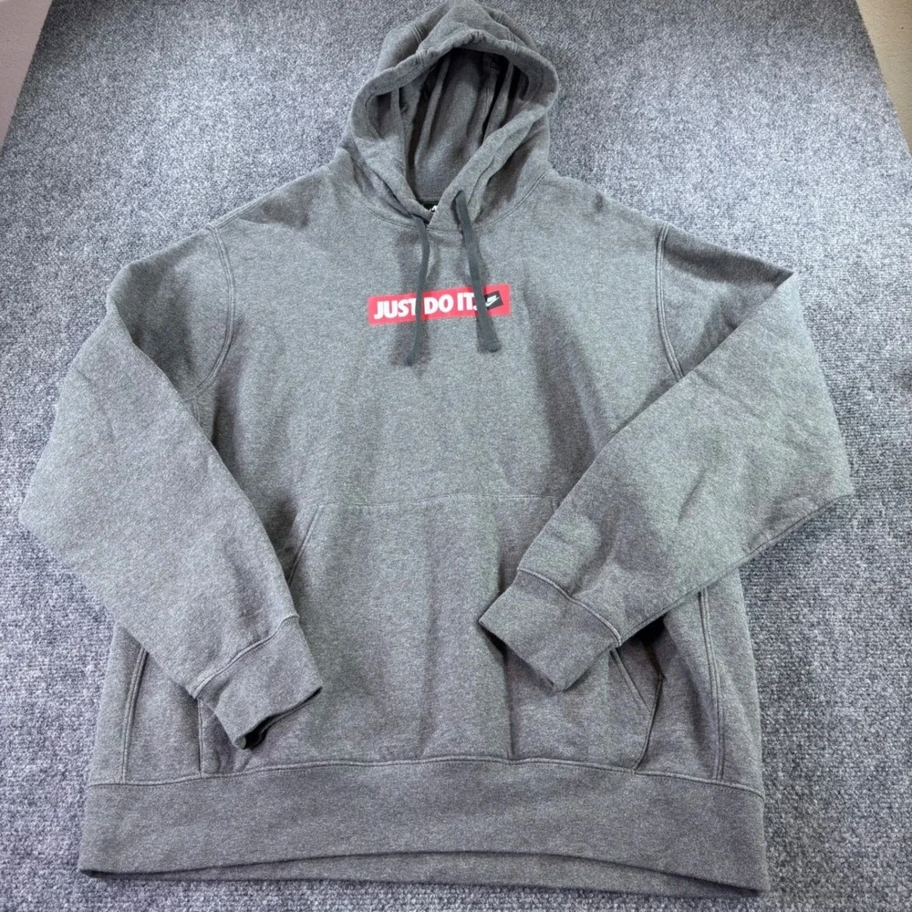 Nike Hoodie Mens Large Gray Just Do It JDI Graphic Fleece Pullover Sweatshirt
